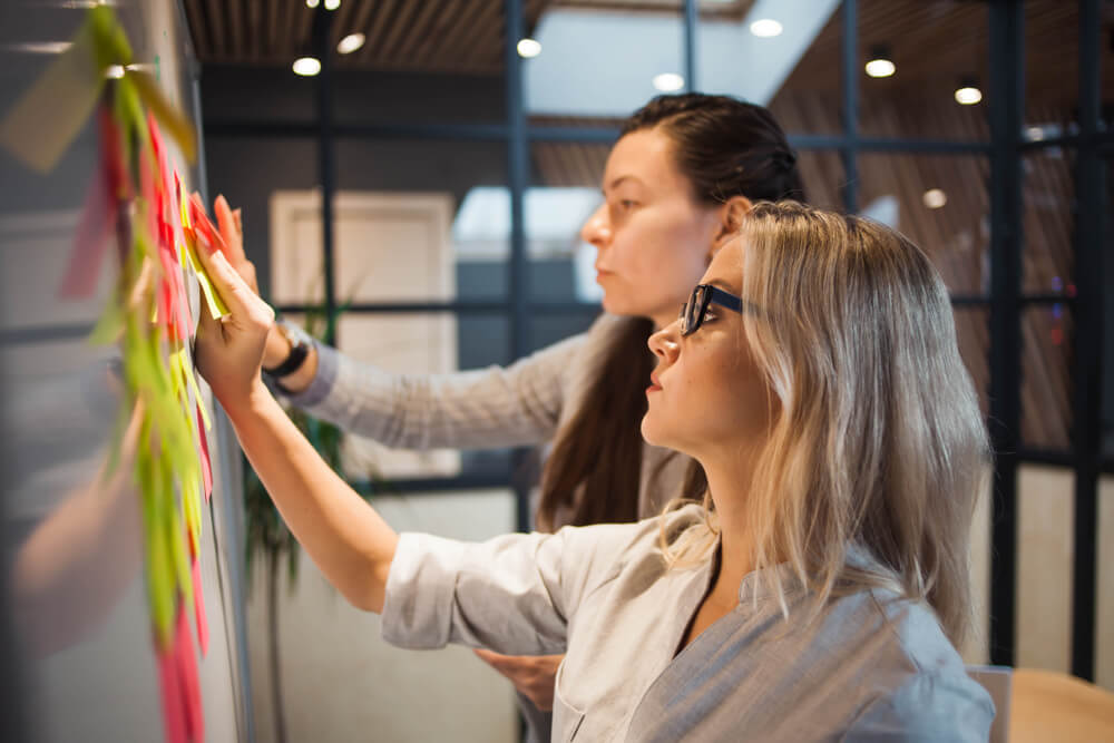 Duas mulheres organizando pequenos papéis com anotações em um quadro