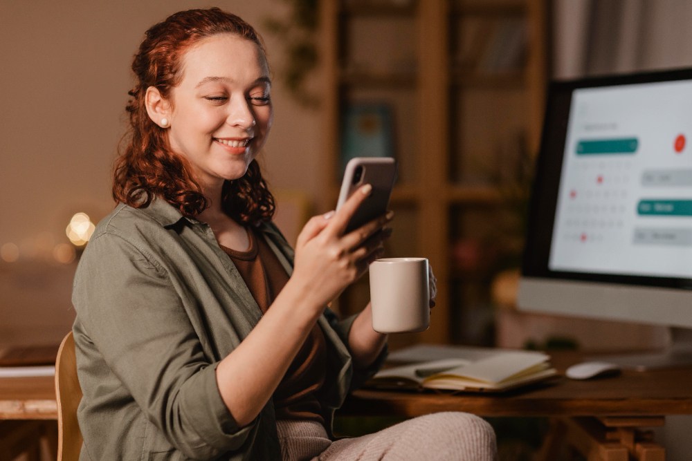 Advogada sorrindo olhando para o celular